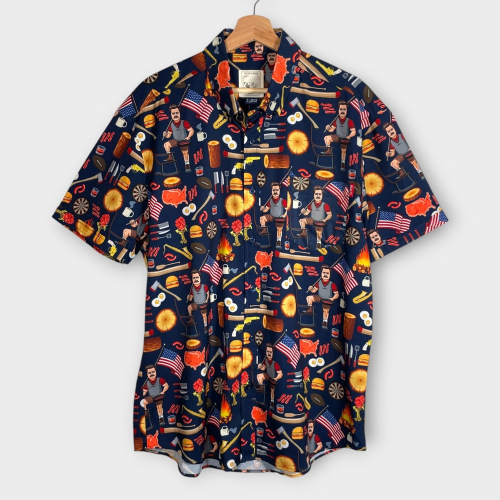 Parks & Recreation Ron Swanson Shirt Mens XL Pawnee RSVLTS Blue Button Up